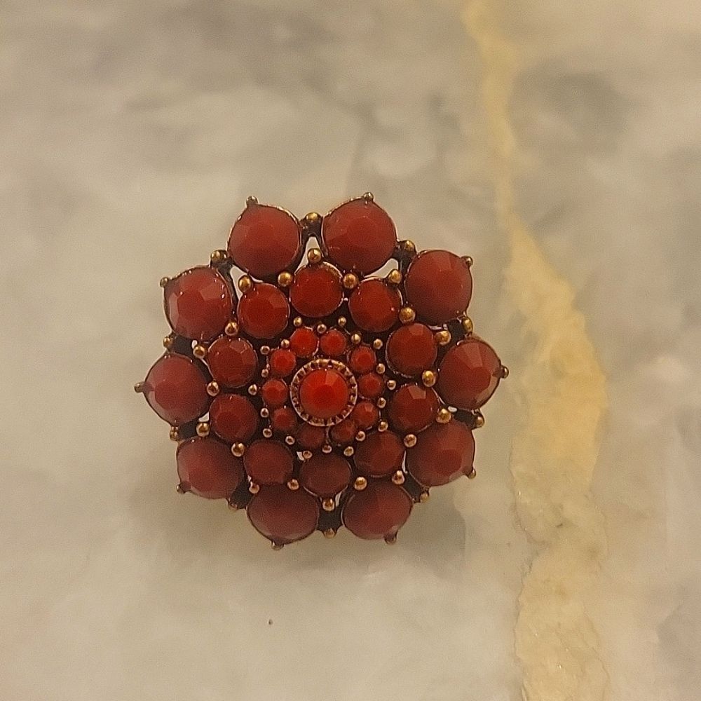 Oscar De La Renta Red Sz 7 Rose Flower Rosette Resin Cocktail Statement Ring